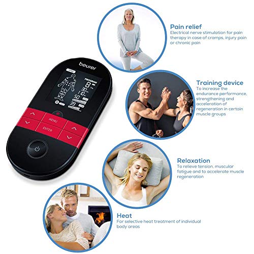 Beurer EM59 Electroestimulador digital con función calor, tens, ems y masaje, 2 canales, función calor, 4 electrodos, con pads de gel, intensidad regulable, temporizador, color negro rojo