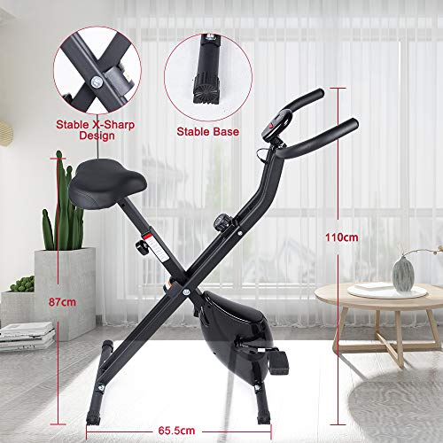 Bicicleta estática plegable EVOLAND, bicicleta estática con 8 niveles de resistencia, asiento ajustable, pantalla LCD, bicicleta interior de entrenamiento cardiovascular barata para adultos (Negro)