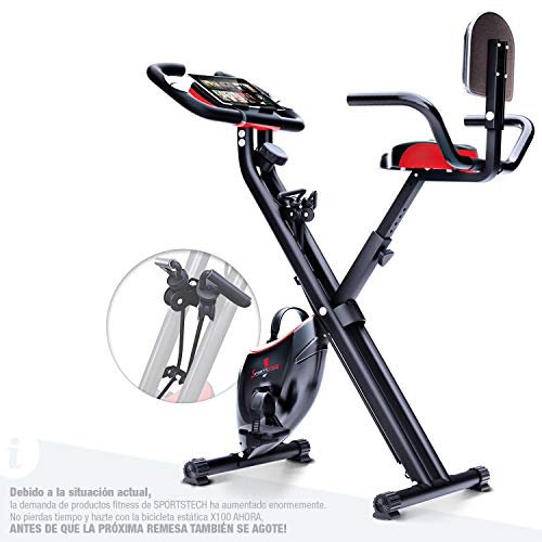 Bicicleta estática plegable Sportstech F-Bike X100-B con sistema de resistencia inteligente, respaldo de inercia de 4kg, soporte para tableta, 4 niveles de resistencia magnetica, pulsometro integrado