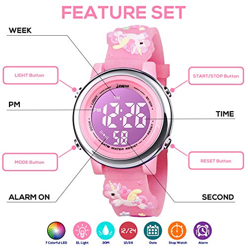 BIGMEDA Reloj Digital para Niños Niña, Luz Intermitente LED de 7 Colores Reloj de Pulsera Niña Multifunción, para Niños de 3 a 12 años (Unicornio)