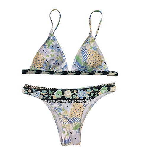 Bikinis Mujer 2019 Push up Sexy Bikini de Tres Puntos con Estampado de Hojas y Lunares Bohemio BañAdores con Relleno Sujetador Tops y Braguitas Traje de Baño de Dos Piezas riou