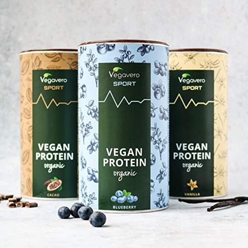 BIO Vegan Protein Powder Vegavero SPORT® | Proteínas Isolate de Guisante y Arroz | SIN GLUTEN – SIN SOJA | Suplemento Para Aumentar Masa Muscular | 500g Sabor Arándano | Proteína Vegetal