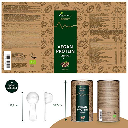 BIO Vegan Protein Powder Vegavero SPORT® | Proteínas Isolate de Guisante y Arroz | SIN GLUTEN – SIN SOJA | Suplemento Para Aumentar Masa Muscular | 500g Sabor Chocolate | Proteína Vegetal