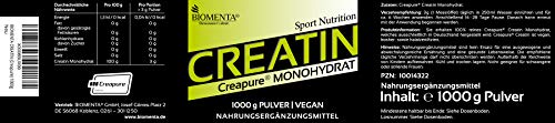 BIOMENTA CREATINA MONOHIDRATO (Creapure) | Creatina 1kg en Polvo | VEGANA | Made in Germany | durante un año