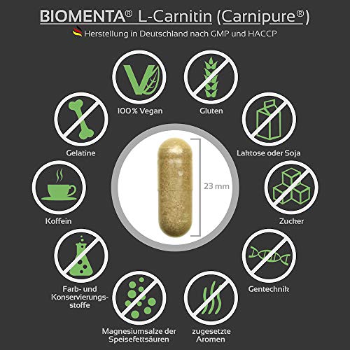 BIOMENTA L-CARNITINA | con 1.000 mg L-Carnitina (Carnipure) + GUARANA + CAFFEINE + MELON AMARGO + FLAVONOIDES | 180 capsulas de carnitina vegana | por dos meses