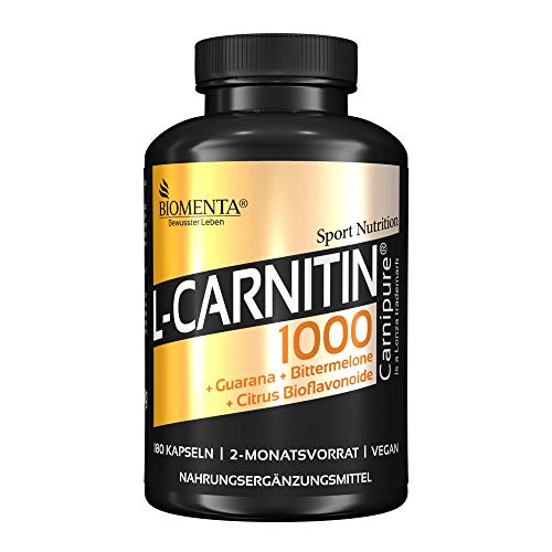 BIOMENTA L-CARNITINA | con 1.000 mg L-Carnitina (Carnipure) + GUARANA + CAFFEINE + MELON AMARGO + FLAVONOIDES | 180 capsulas de carnitina vegana | por dos meses