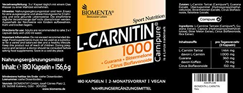 BIOMENTA L-CARNITINA | con 1.000 mg L-Carnitina (Carnipure) + GUARANA + CAFFEINE + MELON AMARGO + FLAVONOIDES | 180 capsulas de carnitina vegana | por dos meses