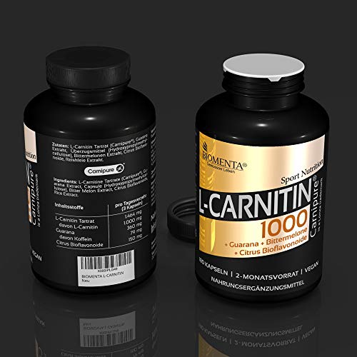 BIOMENTA L-CARNITINA | con 1.000 mg L-Carnitina (Carnipure) + GUARANA + CAFFEINE + MELON AMARGO + FLAVONOIDES | 180 capsulas de carnitina vegana | por dos meses