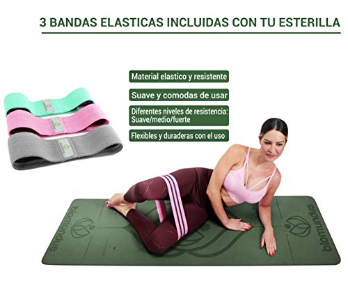 biomundus Esterilla Yoga Antideslizante, Yoga Mat. Esterilla Deporte en casa con Material Ecológico TPE, con Línea de Posición, Tres Bandas Fitness, Correa y Bolsa 183x61x0.6 cm (Verde)