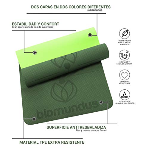 biomundus Esterilla Yoga Antideslizante, Yoga Mat. Esterilla Deporte en casa con Material Ecológico TPE, con Línea de Posición, Tres Bandas Fitness, Correa y Bolsa 183x61x0.6 cm (Verde)