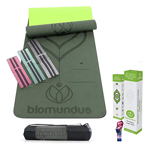 biomundus Esterilla Yoga Antideslizante, Yoga Mat. Esterilla Deporte en casa con Material Ecológico TPE, con Línea de Posición, Tres Bandas Fitness, Correa y Bolsa 183x61x0.6 cm (Verde)