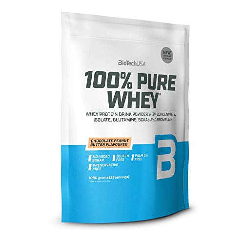 BioTechUSA 100% Pure Whey Complejo de suero de leche con bromelina, aminoácidos, sin azúcar añadido, sin aceite de palma, con edulcorante, 1 kg, Mantequilla de avellanas con chocolate