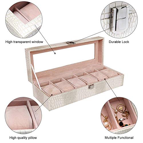 Bivias Caja de Almacenamiento-Reloj Caja 6 Rejillas, Reloj de Cuero de imitación Cajas de Almacenamiento Relojes de Pulsera Joyas Pulsera Gimnasio Rastreador Colecciones Relojes Elegante Vitrina Tapa