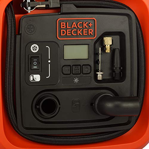 Black+Decker 11.0 Bomba de Aire Compresor/Bar/12 V, 160psi, para neumáticos, Pelotas, sillas de Ruedas, etc, con 2 Modos de Funcionamiento y AbPUMP de Modo, asi400, 0 W, 12 V