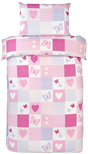 Bloomsbury Mill - Juego de cama para niño - Funda nórdica y funda de almohada 120cm x 150cm - Diseño patchwork de corazones y mariposas Bloomsbury Mill - Juego de cama para niño - Funda nórdica y funda de almohada 120cm x 150cm - Diseño patchwork de corazones y mariposas