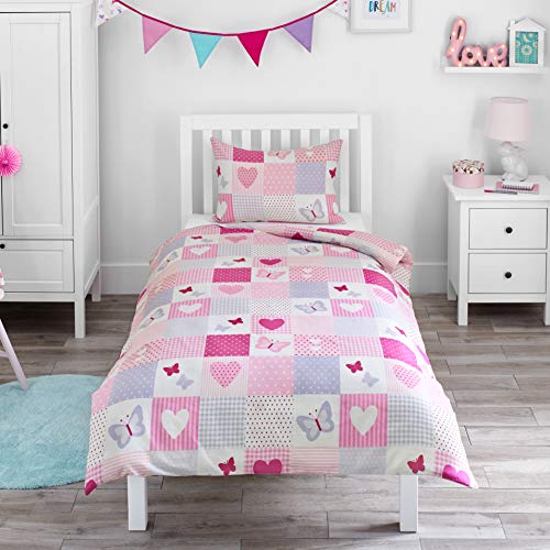 Bloomsbury Mill - Juego de cama para niño - Funda nórdica y funda de almohada 120cm x 150cm - Diseño patchwork de corazones y mariposas