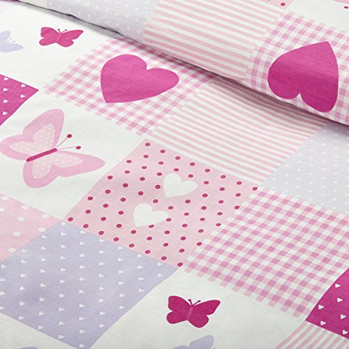 Bloomsbury Mill - Juego de cama para niño - Funda nórdica y funda de almohada 120cm x 150cm - Diseño patchwork de corazones y mariposas