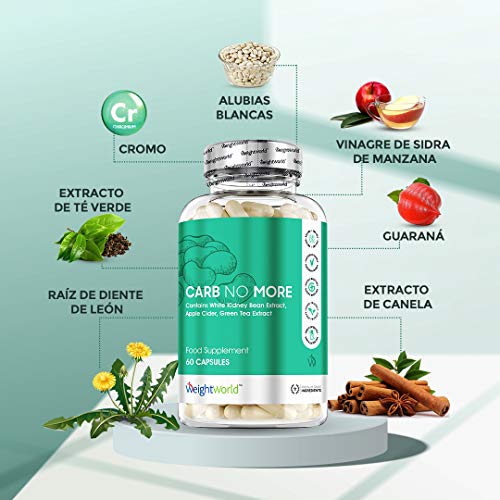 Bloqueador de Carbohidratos Carb No More 60 Cápsulas | Suplemento Natural Con Extracto de Judía Blanca, CLA, Té Verde y Vinagre de Manzana, Rico en Vitaminas Minerales y Proteinas, Dieta Keto