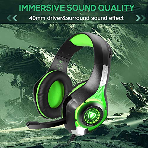 BlueFire Cascos Gaming, Auriculares Gaming PS4 con Micrófono Mac Estéreo Juego Gaming Jack 3,5mm LED Bajo Ruido Compatible con PC/Xbox One/Móvil (Verde)