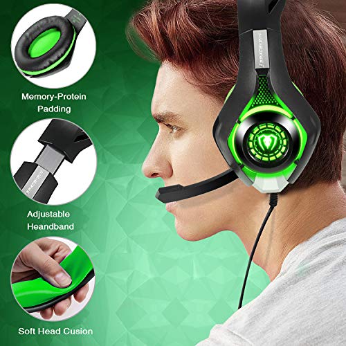 BlueFire Cascos Gaming, Auriculares Gaming PS4 con Micrófono Mac Estéreo Juego Gaming Jack 3,5mm LED Bajo Ruido Compatible con PC/Xbox One/Móvil (Verde)