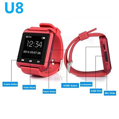 Bluetooth Smartwatch U8 Reloj Inteligente Reloj de Pulsera Reloj Deportivo Digital Reloj para teléfono Android Dispositivo portátil usable (Rojo)