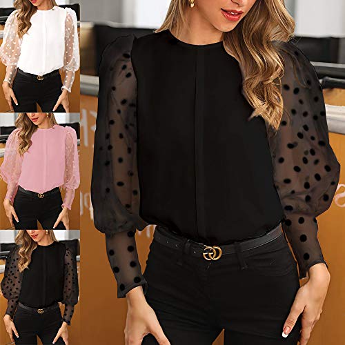 Blusa Manga Larga Transparente con Puntos para Mujer Camisa Mujer Elegante Moderna con Manga Gasa Transparente Tops Elegante con Cuello Redondo para Primavera Talla Grande (Negro, M)