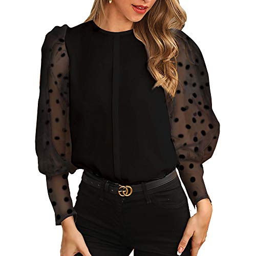 Blusa Manga Larga Transparente con Puntos para Mujer Camisa Mujer Elegante Moderna con Manga Gasa Transparente Tops Elegante con Cuello Redondo para Primavera Talla Grande (Negro, M)