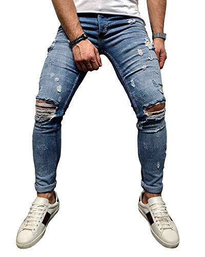 BMEIG Jeans Hombres Rotos Slim Fit Ripped Estiramiento Rodilla Destruido Flaco Denim Apenado Biker Jeans Diseñador Clásico Orificios Hip Hop Pantalones M-3XL Azul