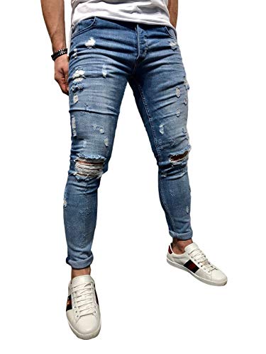 BMEIG Jeans Hombres Rotos Slim Fit Ripped Estiramiento Rodilla Destruido Flaco Denim Apenado Biker Jeans Diseñador Clásico Orificios Hip Hop Pantalones M-3XL Azul