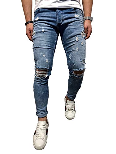 BMEIG Jeans Hombres Rotos Slim Fit Ripped Estiramiento Rodilla Destruido Flaco Denim Apenado Biker Jeans Diseñador Clásico Orificios Hip Hop Pantalones M-3XL Azul