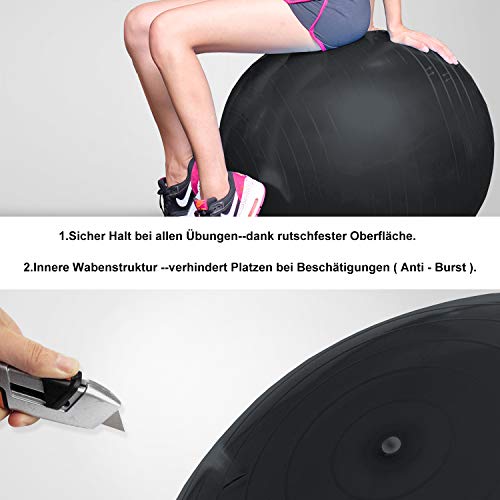 BMOT Pelota de gimnasia, incluye bomba para pelota, pelota de fitness, yoga, pilates, hasta 300 kg, para ejercicios pélvicos, color negro, 65 cm