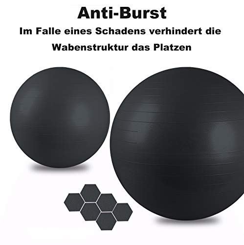 BMOT Pelota de gimnasia, incluye bomba para pelota, pelota de fitness, yoga, pilates, hasta 300 kg, para ejercicios pélvicos, color negro, 65 cm