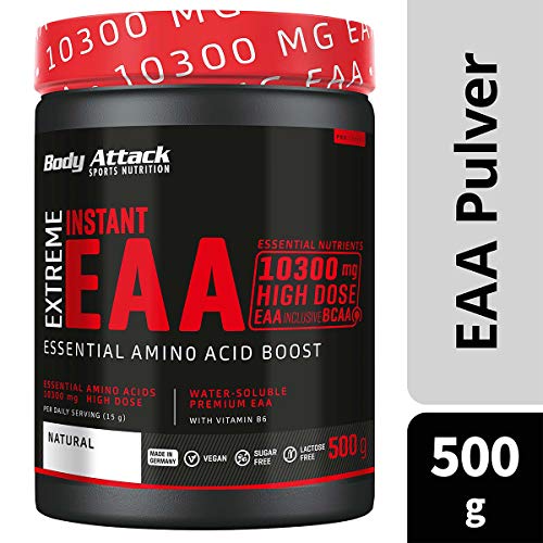 Body Attack Extreme Instant EAA Powder - 500g, extremadamente sabroso, instantáneamente soluble, vegano, 8 aminoácidos esenciales altamente dosificados - 10300mg EAA por batido, Natural