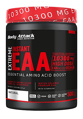 Body Attack Extreme Instant EAA Powder - 500g, extremadamente sabroso, instantáneamente soluble, vegano, 8 aminoácidos esenciales altamente dosificados - 10300mg EAA por batido, Natural
