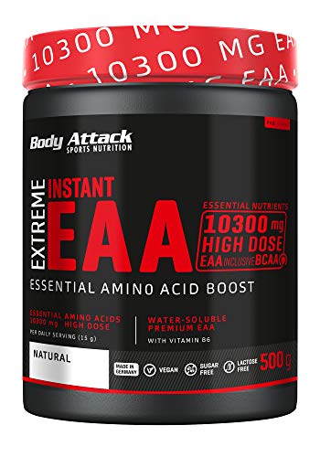 Body Attack Extreme Instant EAA Powder - 500g, extremadamente sabroso, instantáneamente soluble, vegano, 8 aminoácidos esenciales altamente dosificados - 10300mg EAA por batido, Natural Body Attack Extreme Instant EAA Powder - 500g, extremadamente sabroso, instantáneamente soluble, vegano, 8 aminoácidos esenciales altamente dosificados - 10300mg EAA por batido, Natural