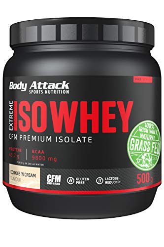 Body Attack Extreme Iso Whey, CFM Aislado de proteína de suero de leche de sauce irlandés 100%, sin gluten, rico en AEA, bajo en grasas, 90,6% de contenido de aislado (cookies n cream, 500g)