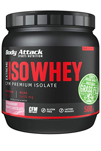 Body Attack Extreme Iso Whey, CFM Aislado de proteína de suero de leche de sauce irlandés 100%, sin gluten, rico en AEA, bajo en grasas, 90,6% de contenido de aislado (fresa y chocolate blanco, 500g)