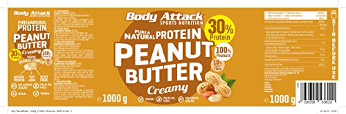 Body Attack Peanut Butter Natural 30% Protein Sugar & Fat Free Smooth Creamy 1 kg