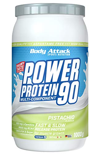 Body Attack Power Protein 90, Crema de pistacho, 1 kg, 5 K de proteína en polvo con proteína de suero, L-carnitina y BCAA para el desarollo de los músculos y el fitness