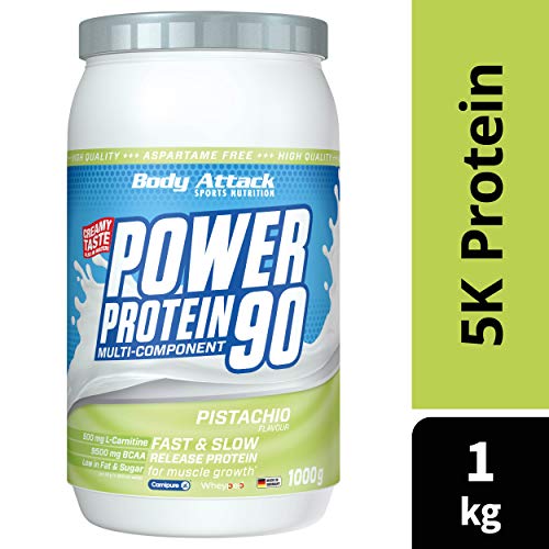 Body Attack Power Protein 90, Crema de pistacho, 1 kg, 5 K de proteína en polvo con proteína de suero, L-carnitina y BCAA para el desarollo de los músculos y el fitness