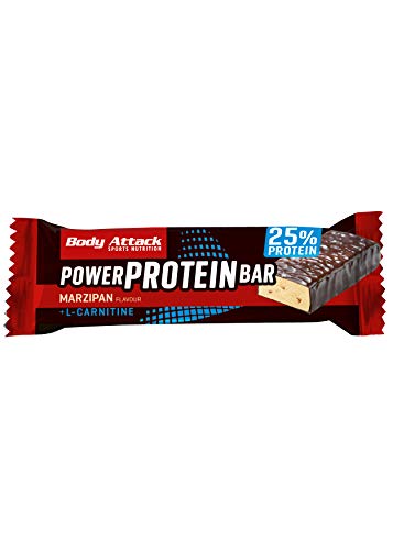 Body Attack- Power Protein Bar, Barra proteica con L-Carnitina y Vitaminas 24x35g, mazapán