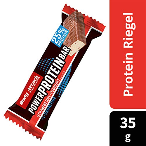 Body Attack- Power Protein Bar, Barra proteica con L-Carnitina y Vitaminas 24x35g, yogur de fresa