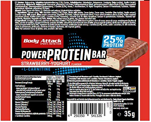 Body Attack- Power Protein Bar, Barra proteica con L-Carnitina y Vitaminas 24x35g, yogur de fresa