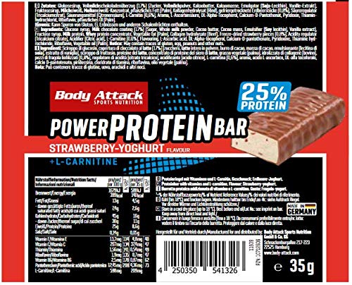 Body Attack- Power Protein Bar, Barra proteica con L-Carnitina y Vitaminas 24x35g, yogur de fresa Body Attack- Power Protein Bar, Barra proteica con L-Carnitina y Vitaminas 24x35g, yogur de fresa