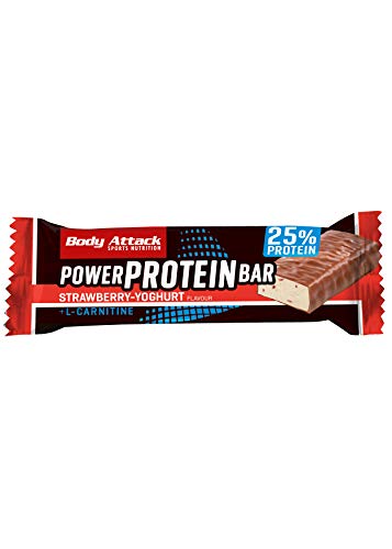 Body Attack- Power Protein Bar, Barra proteica con L-Carnitina y Vitaminas 24x35g, yogur de fresa