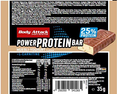 Body Attack- Power Protein Bar, Barra proteica con L-Carnitina y Vitaminas 24x35g, yogur de muesli