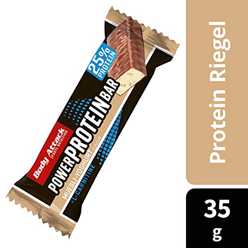 Body Attack- Power Protein Bar, Barra proteica con L-Carnitina y Vitaminas 24x35g, yogur de muesli