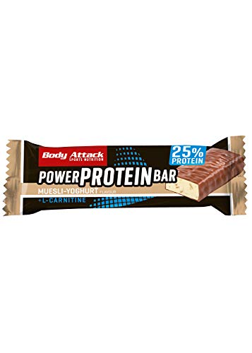 Body Attack- Power Protein Bar, Barra proteica con L-Carnitina y Vitaminas 24x35g, yogur de muesli