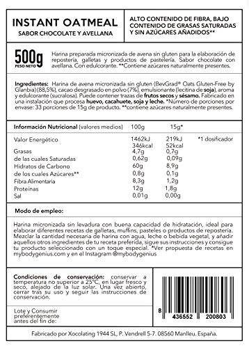 BODY GENIUS Harina de Avena (Sabor Chocoavellana Endulzado). 500g. Avena Certificada Sin Gluten. Sin Azúcares Añadidos. Buena Digestión y Micronización. Hecho en España.