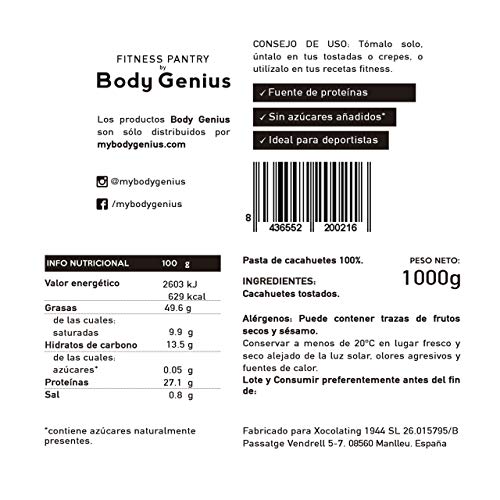 BODY GENIUS Smooth Peanut Butter. 1000g. Crema de Cacahuete Suave. Natural, Sin Azúcar y Sin Aceite de Palma. 100% Cacahuete Sin Añadidos. Hecho en España.